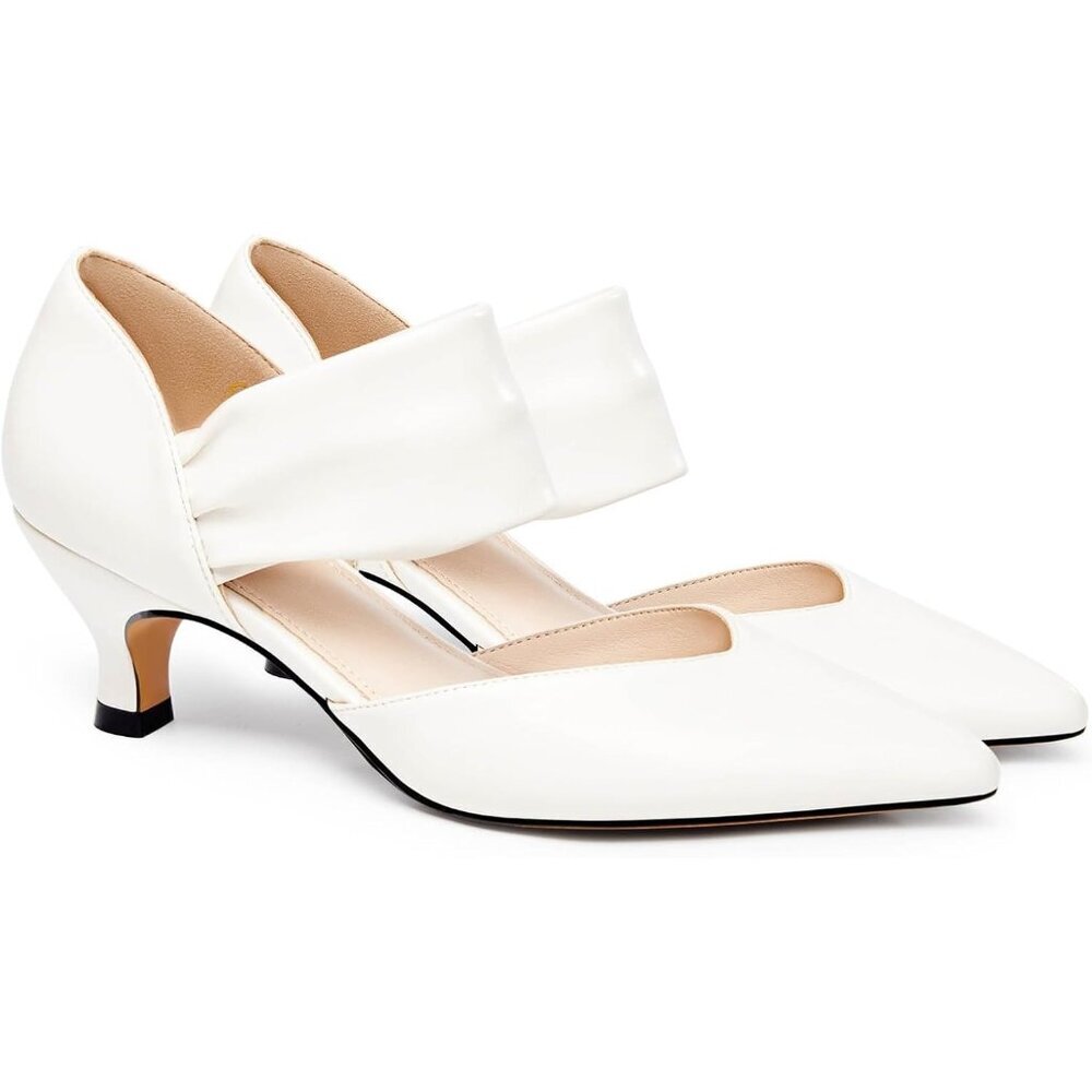 Women's Beige-White Low Kitten Heel Dress Shoes Pointed Toe Slip On Ankle Strap